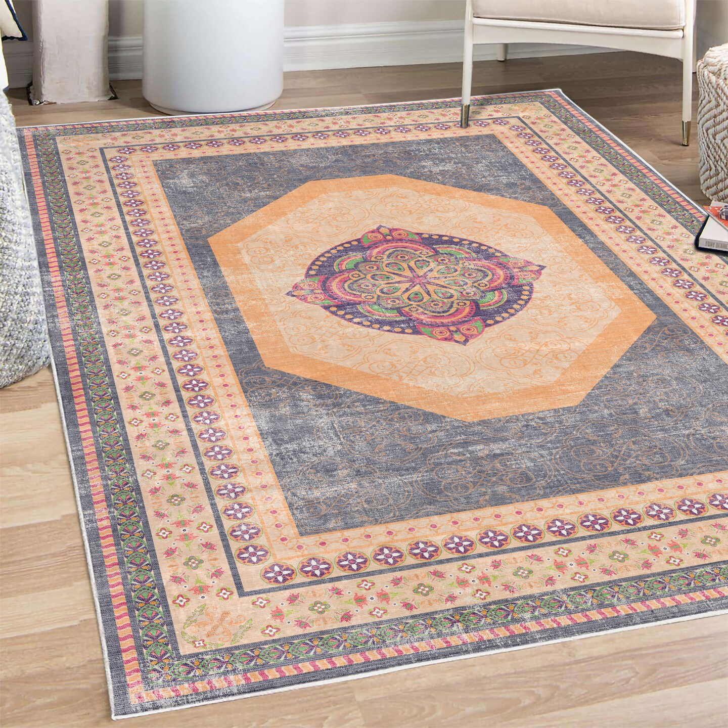 Ambesonne Bohemian Decorative Rug, Mandala Like Floral Medallion Motif ...