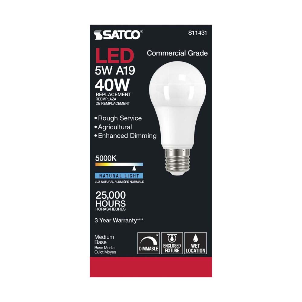 Satco 5w A19 LED Commercial Grade Agriculture Bulb 5000K 120v - 40w-equiv