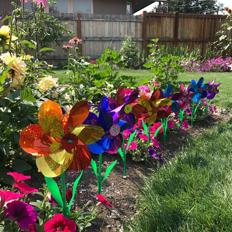 In the Breeze Mylar Rainbow Flower Pinwheel with Leaves - Assorted 2 Tone Color Spinners - 8 Piece Bags