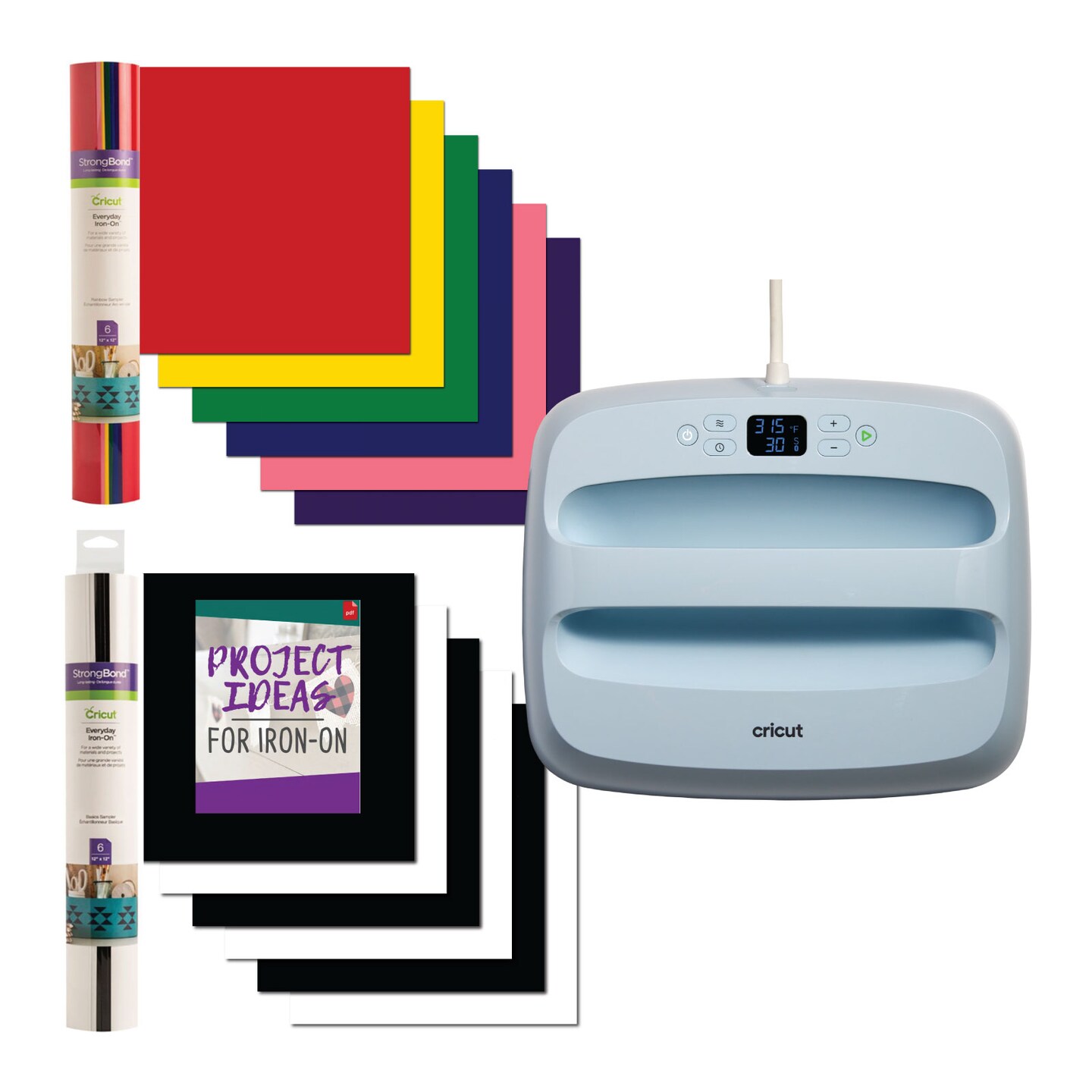 Cricut EasyPress 3 12 in x 10 in Cricut Iron-On Rainbow and Basic Samplers Bundle