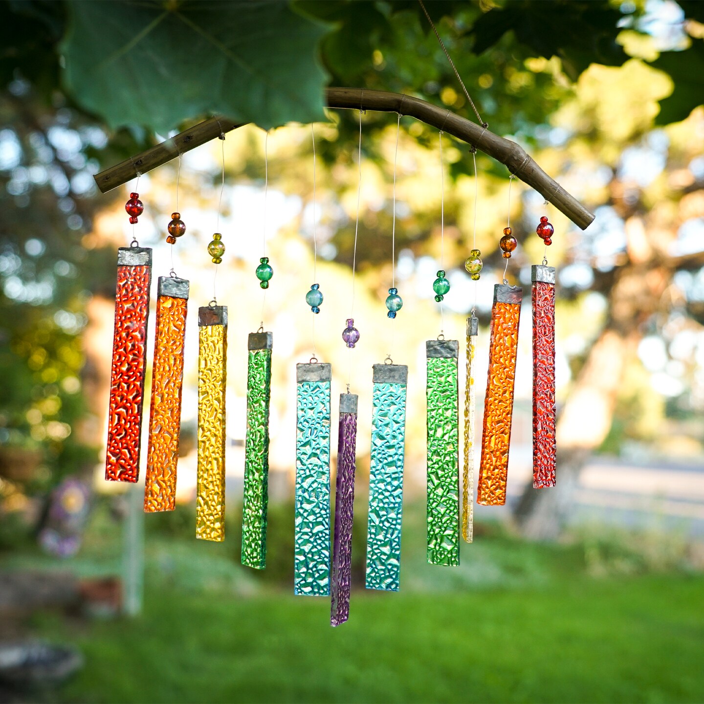 In the Breeze 7025 &#x2014; Rainbow Textured Glass Mobile Wind Chime - Colorful Hanging Suncatcher - Hanging Glass Decoration