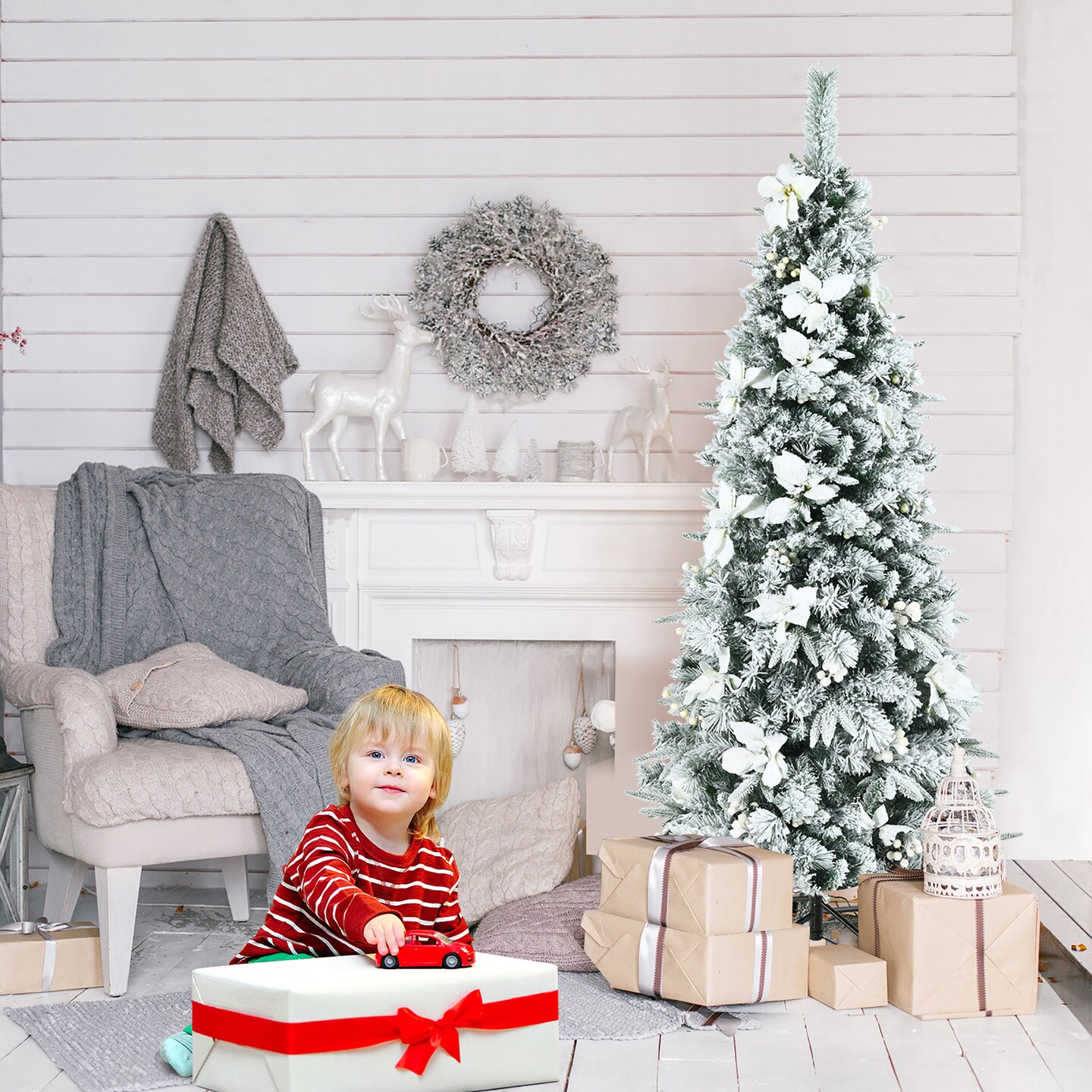 Costway 5ft/6ft/7ft/8ft Snow Flocked Christmas Pencil Tree w/ Berries &#x26; Poinsettia Flowers