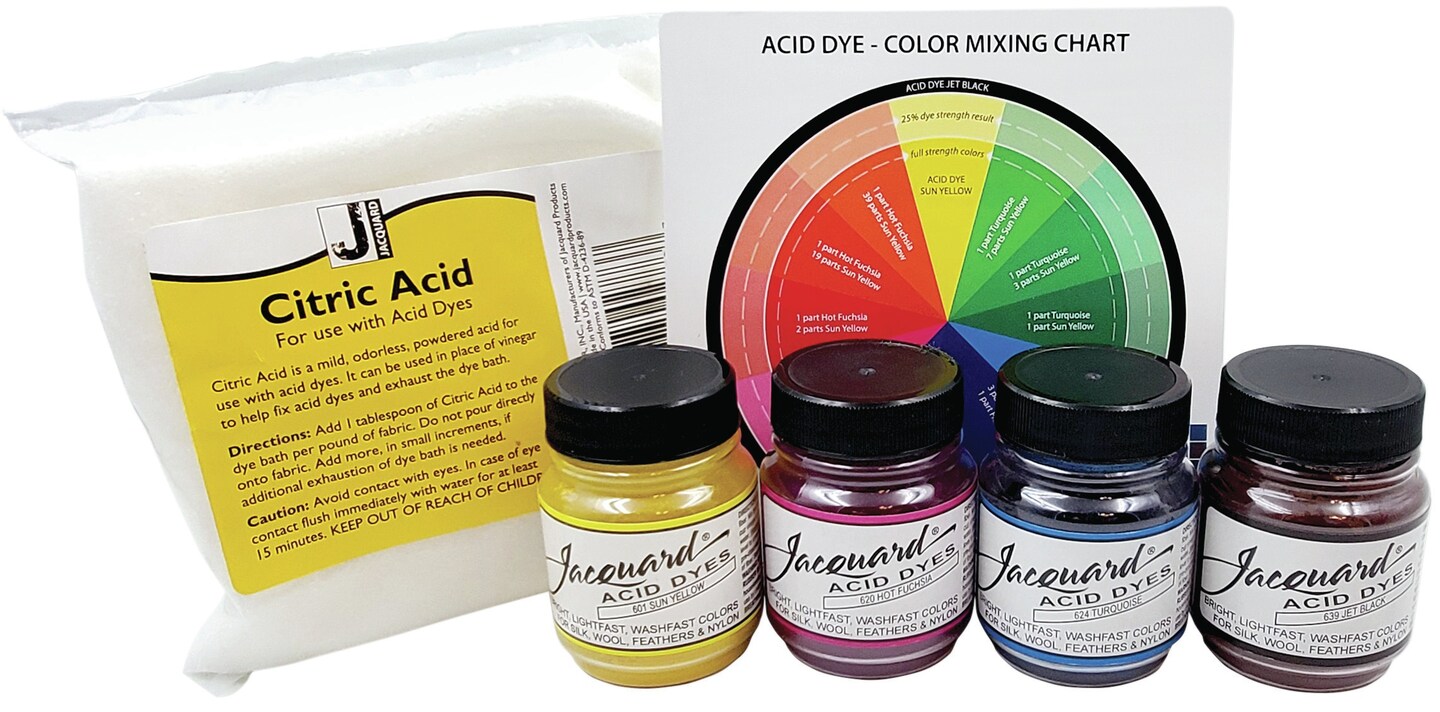 Jacquard Acid Dye 4-Color Set W/Citric Acid-Yellow, Turquoise, Red & Black