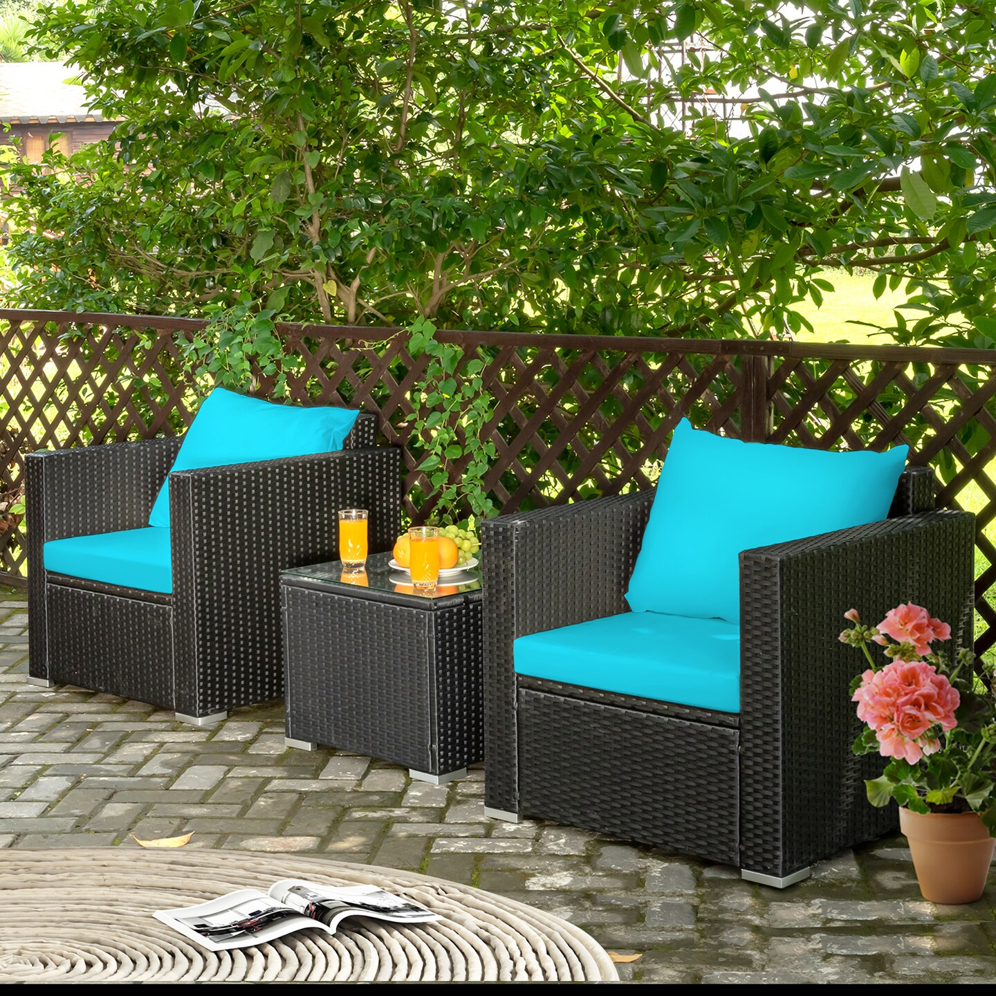Costway 3PCS Patio Rattan Wicker Furniture Set Sofa Table W/Cushion Yard Red\Turquoise\ Navy\Black