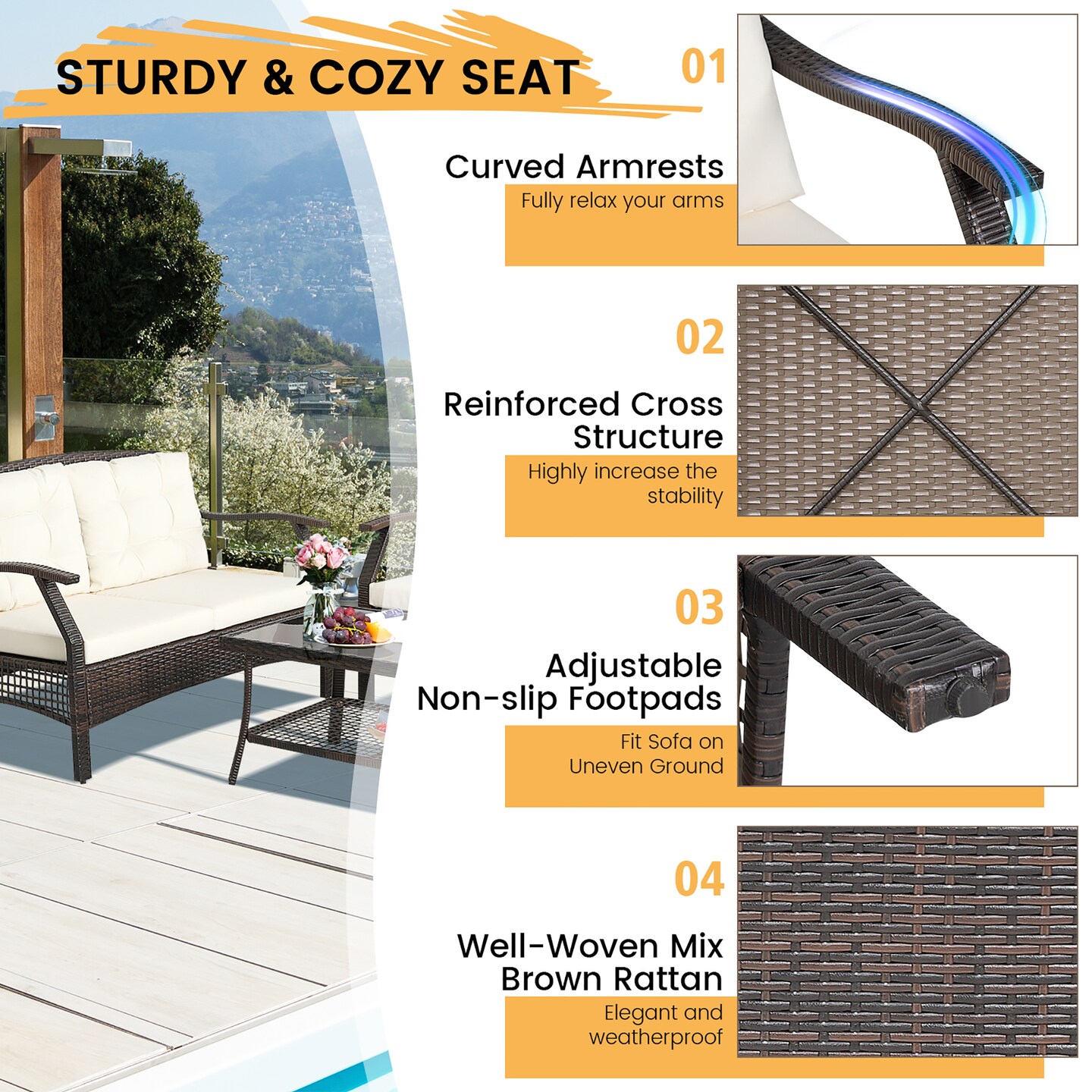 Costway 4 PCS Outdoor Rattan Conversation Set Patio Rattan Sofa Set W/ Protective Cover