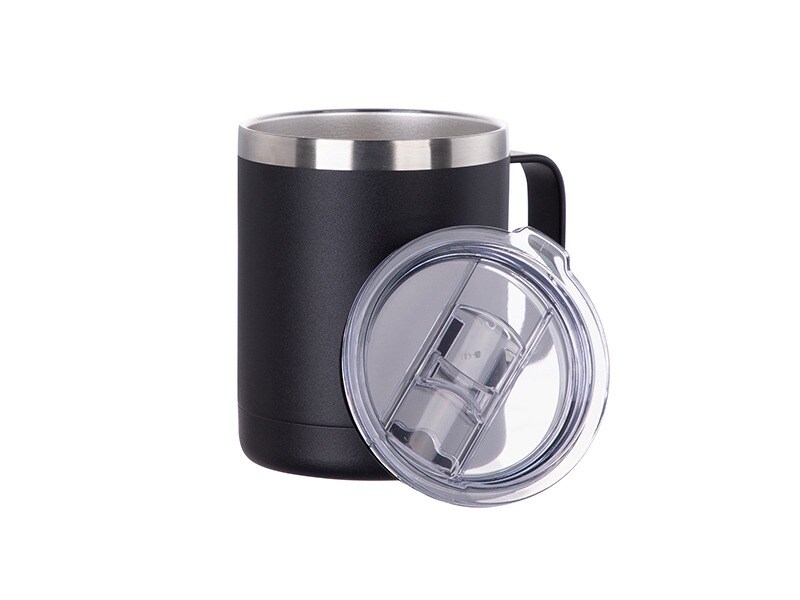 Engraving Coffee Cup, 10 oz with Lid and Handle (Black)