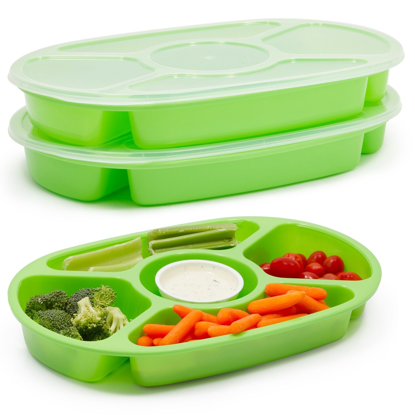 Plastic Divided Serving Platter Tray with Lid (Light Green, 2 Pack