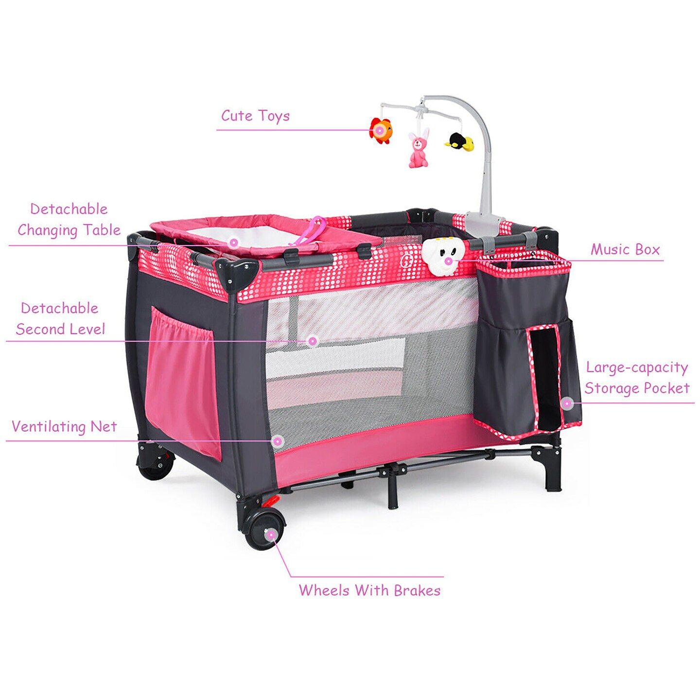 Costway Foldable Travel Baby Playpen Crib Infant Bassinet Bed Mosquito Net Music w/ Bag Pink
