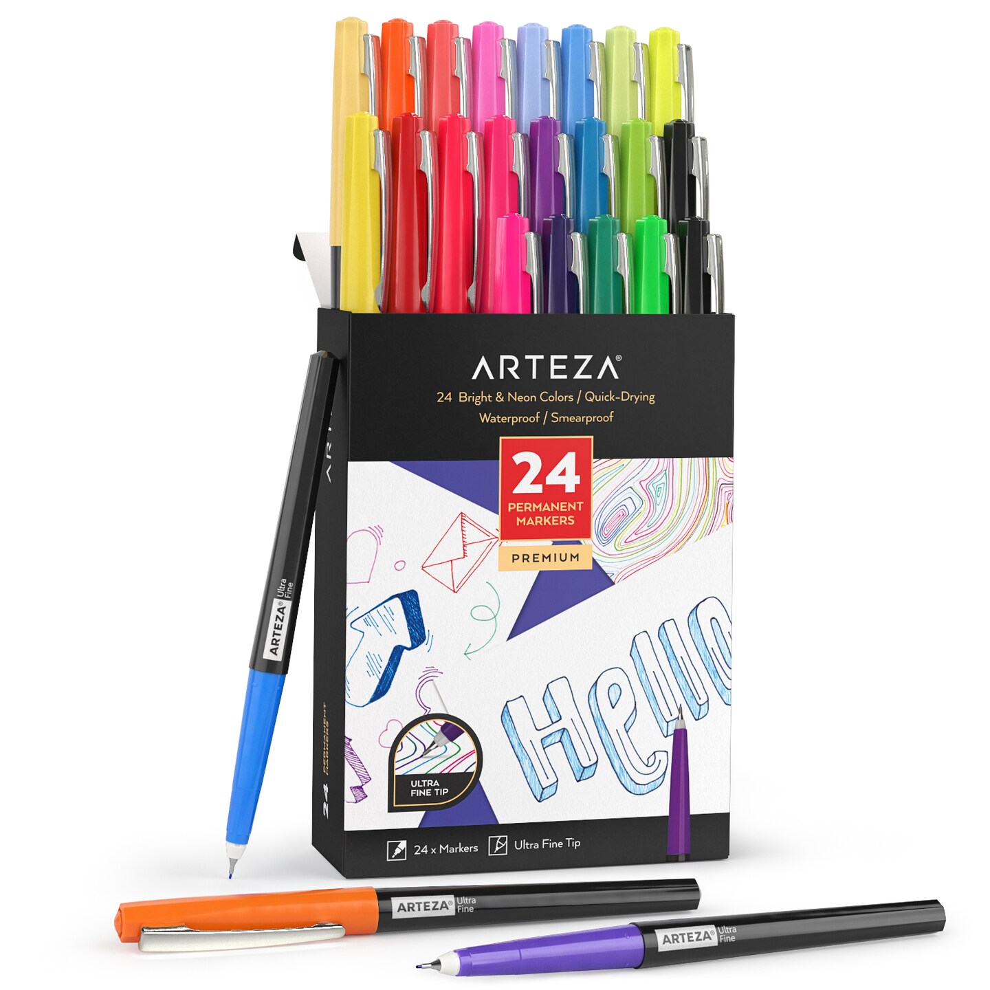 Arteza Permanent Markers, Brights & Neon, Assorted Colors, Ultra Fine Nib - 24 Pack