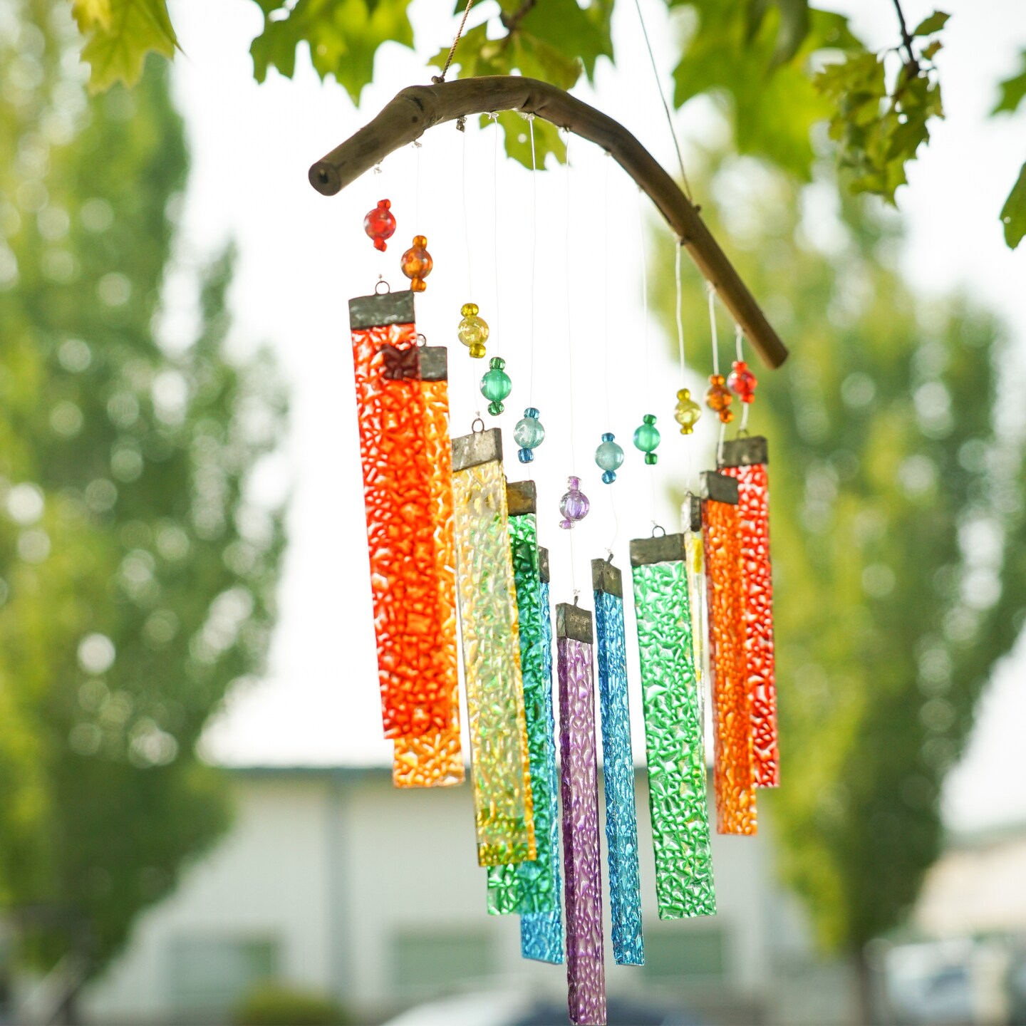 In the Breeze 7025 &#x2014; Rainbow Textured Glass Mobile Wind Chime - Colorful Hanging Suncatcher - Hanging Glass Decoration