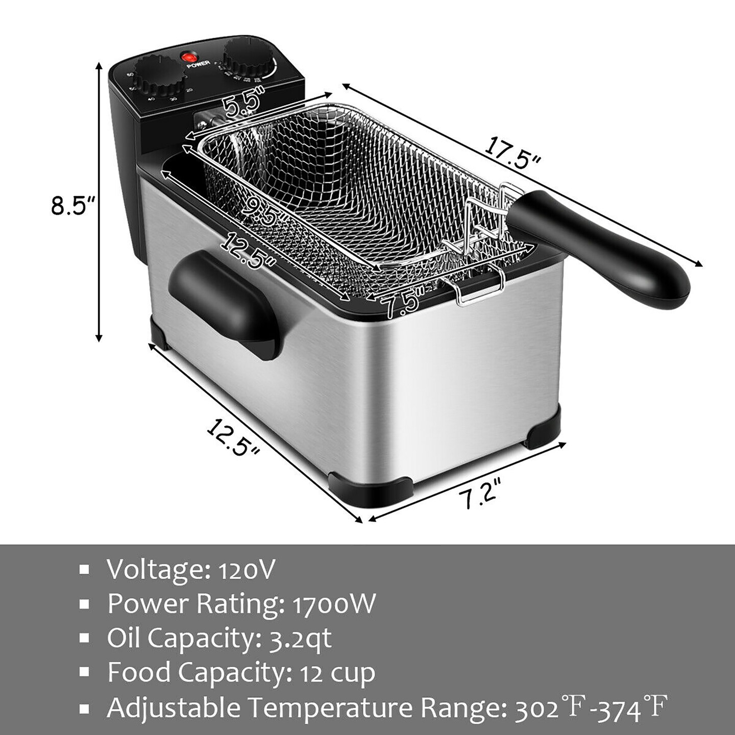 Costway Electric Deep Fryer 3.2 QT/12-Cup Stainless Steel 1700W with Frying Basket