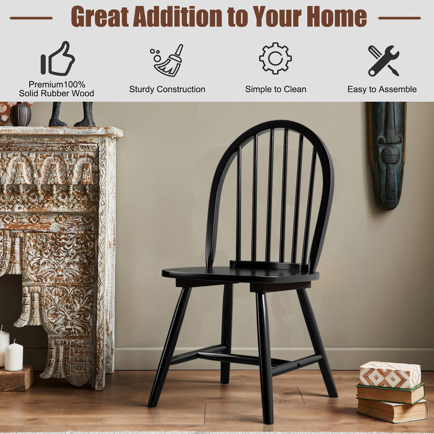 Costway Set of 4 Vintage Windsor Dining Side Chair Wood Spindleback Kitchen Room Black\White