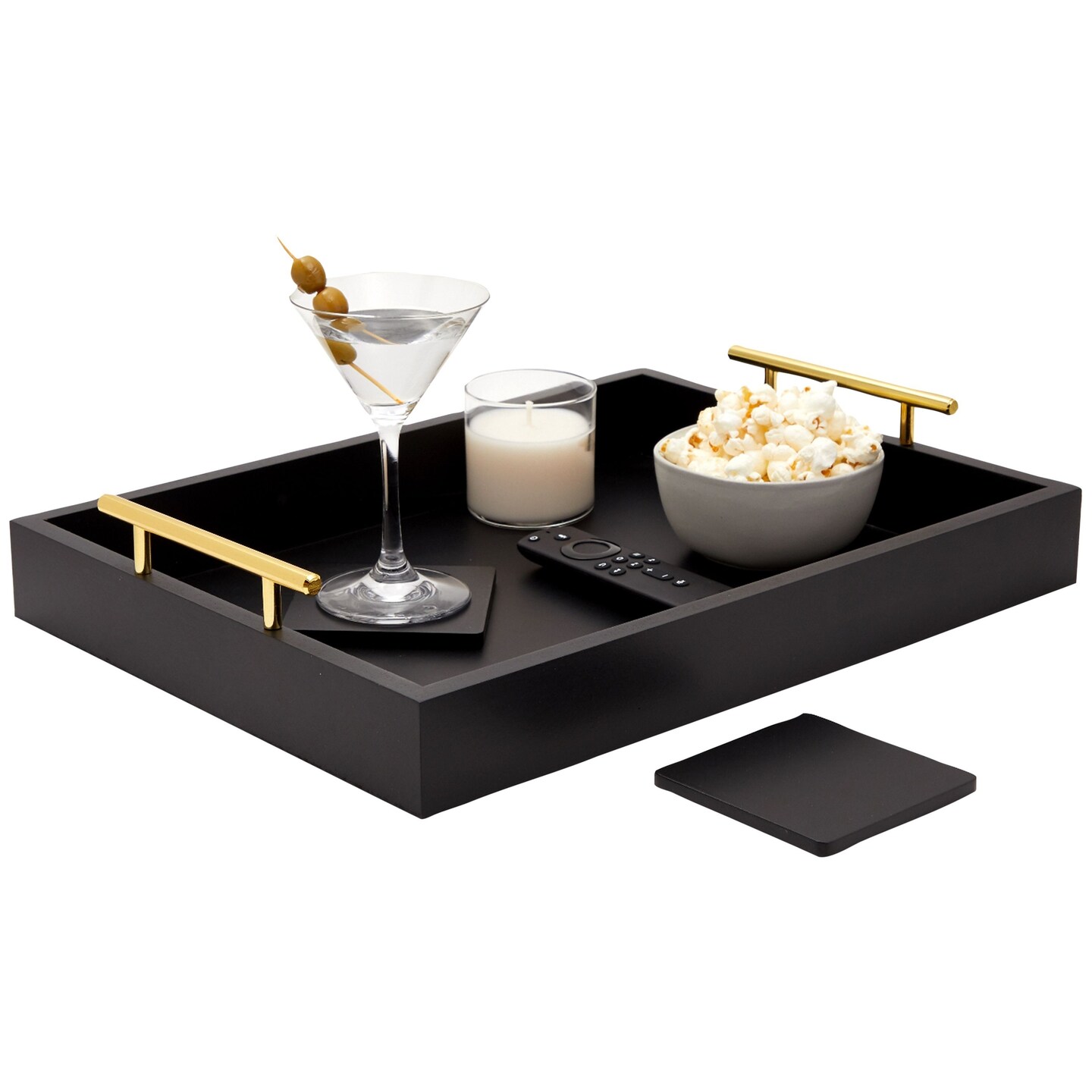 Black Wooden Serving Tray with Handles&#xA0;and Coasters&#xA0;(16.5  x 12.2 x 3.1 In)