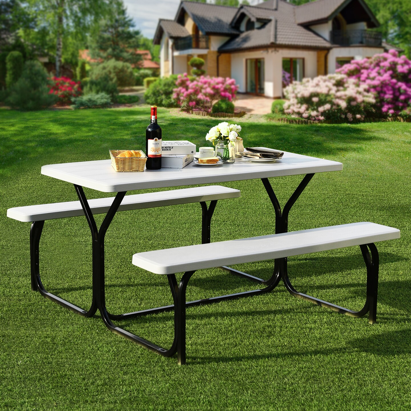 Costway Picnic Table Bench Set Outdoor Backyard Patio Garden Party Dining All Weather Black/White/Grey/Brown/Green