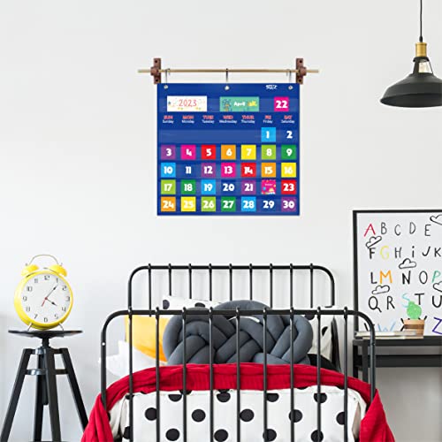 Calendar Pocket Chart Classroom Monthly Chart with 76 Cards 68 Illustrated Activity Cards 8 Dry Erase Blank Cards Plus 3 Over-Door Metal Hangers for Classroom Home or Preschool 20 x 19 Inches