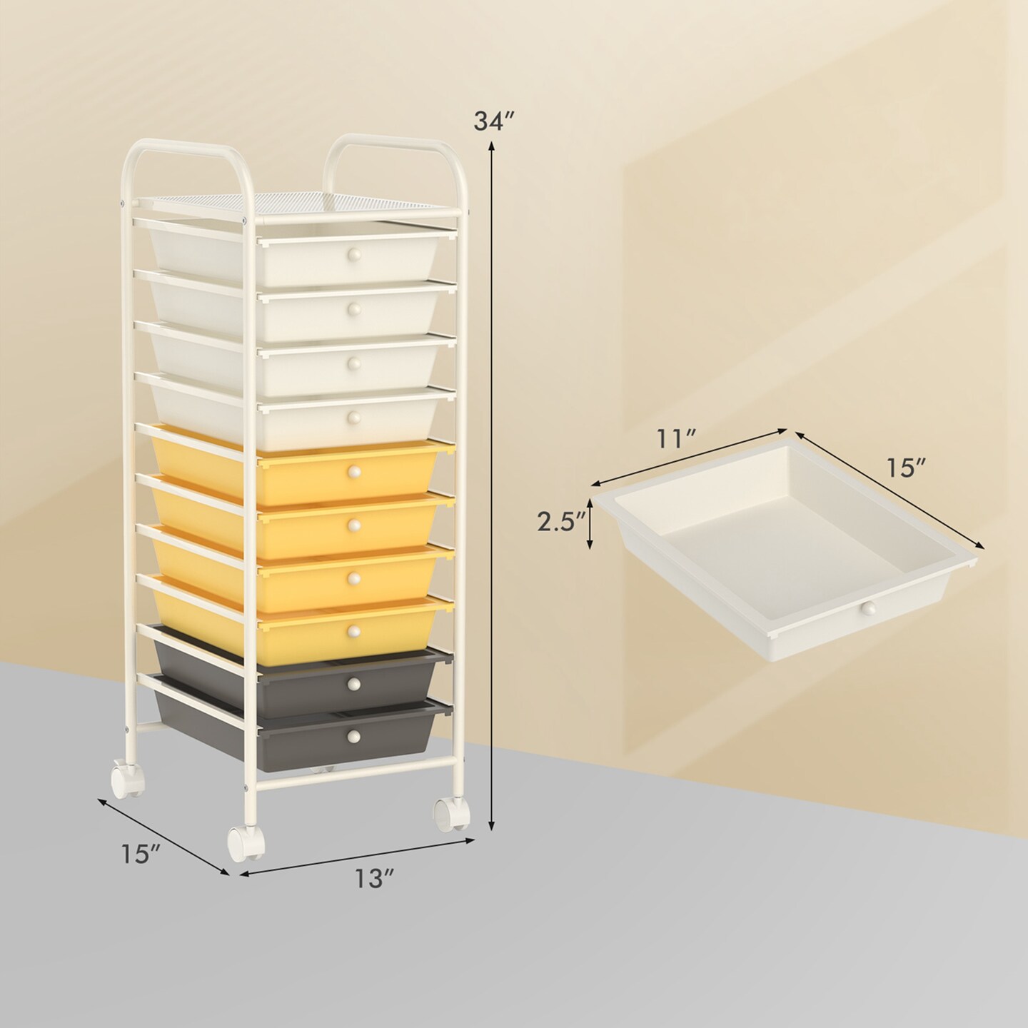 Costway 10 Drawer Rolling Storage Cart Scrapbook Paper Office School Organizer