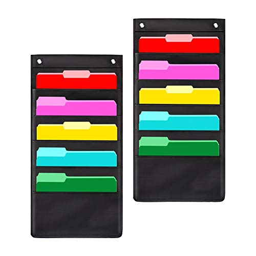 2 Pack - 5 Pockets Hanging Wall File Organizer with 4 Hooks, Hanging Pocket Chart - Hanging Storage Organizer for School, Home or Office Wall Pocket Chart, Black, 2 Pack