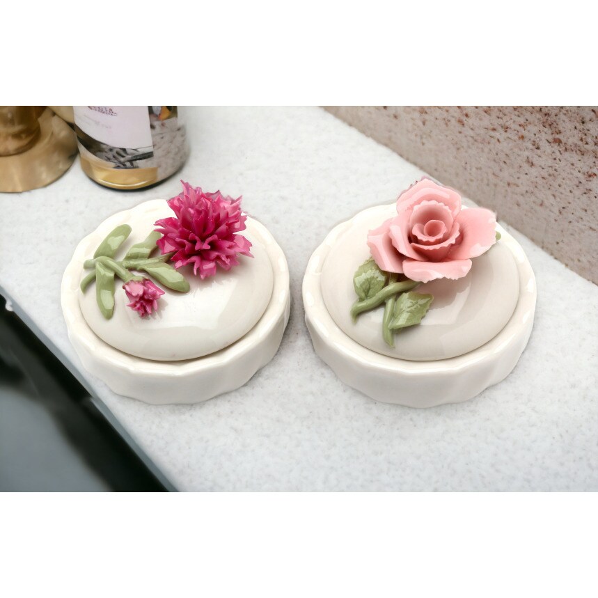 kevinsgiftshoppe Ceramic Pink Rose and Carnation Flower Trinket Box (Set Of 2) Home Decor   Vanity Decor Wedding Table Decor