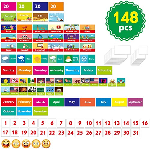 Calendar and Weather Pocket Chart with 148 Cards 108 Illustrated Activity Cards 40 Dry Erasable Flash Cards and 3 Hooks 28 x 35.5 Inches