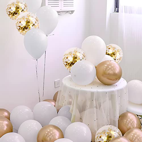 NISOCY White Gold Confetti Balloons Garland Arch Kit, 120 PCS 12in 10in 5in Latex Metallic Gold White Confetti Balloons for Birthday, Wedding, Anniversary, Celebrations, Prom Bridal Party Decoration