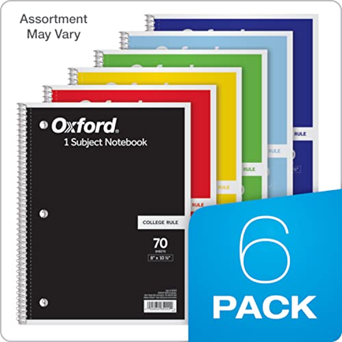 Spiral Notebook 6-Pack 1 Subject College Ruled Paper 8 x 10-1/2 Inch Color Assortment Design May Vary