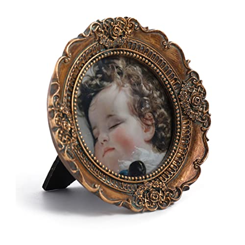 VINLIFE Vintage Picture Frames 3x3 Small Round Picture Frames 3x3 Antique Mini Picture Frames Ornate Picture Frames Collage Wall Mount and Tabletop Embossed Floral Bronze Gold