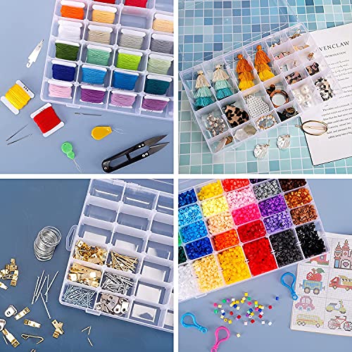 UOONY 4 Pack 36 Grids Plastic Organizer Box Craft Storage with Adjustable Dividers, Bead Organizer Container for Earrings Fishing Tackles Crafts Jewelry Thread with 400pcs Label Stickers