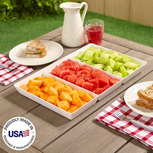3 Pck  Avant White Plastic Divided Serving Trays (Set of 3) 15&#x201D; x 10&#x201D; | Large Reusable 3-Section Party Platters | Serve Appetizers, Fruit, Veggies, &#x26; Desserts | BPA-Free &#x26; Made in USA