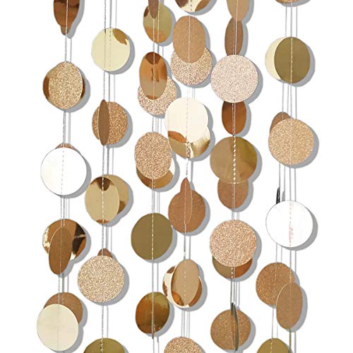 6 Pcs Glitter Champagne Gold Paper Circle Dot Garland - 52 Feet, Hanging Bunting for Birthday Parties, Engagements, Bridal Showers, Weddings, Baby Showers, Christmas, and Photo Backdrops