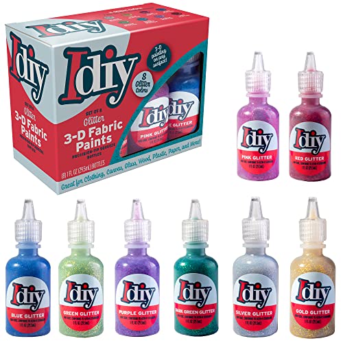 DIY Fabric Paints - 8 Glitter Colors, 1 oz Bottles, Ultra Bright 3D Paint for T-Shirts and Clothing, Non-Toxic, Water-Based, Washable, Permanent, Ideal for Classroom, Kids' Birthday Parties, and Summer Camps
