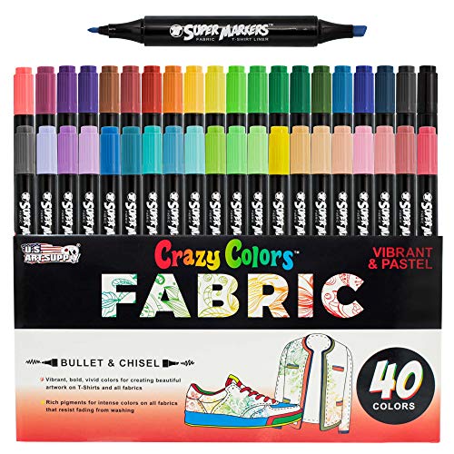 Super Markers Dual Tip Fabric & T-Shirt Marker Set - 40 Unique Primary & Pastel Colors, Double-Ended with Chisel and Fine Point Tips, Permanent Ink in Vibrant and Bold Shades