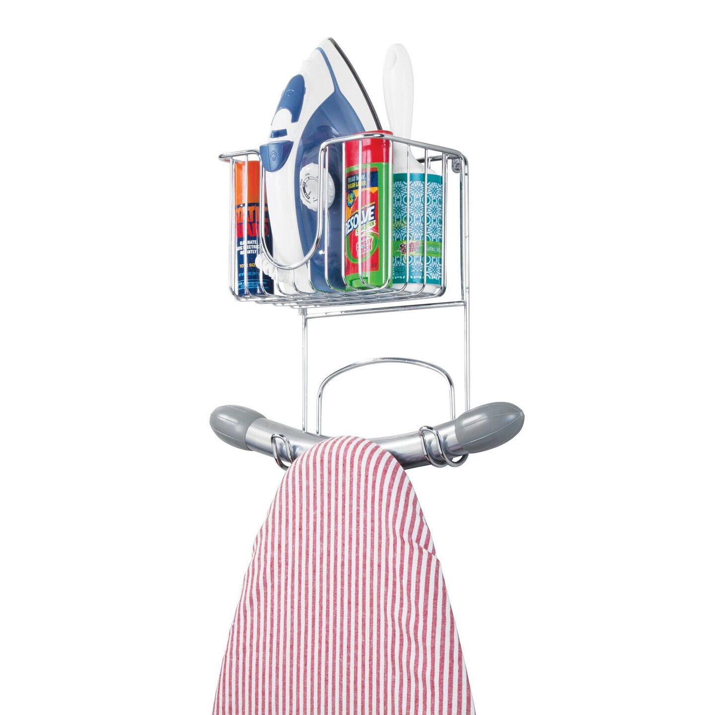 mDesign Metal Wall Mount Ironing Board Holder with Small Storage Basket