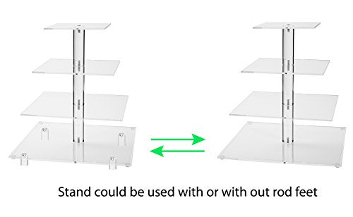Large 4 Tier Square Acrylic Cupcake Tower Stand for Dessert, Pastry, Serving Platter-Candy Bar Party Décor and Supply(with Rod Feet) (4SF-V2)