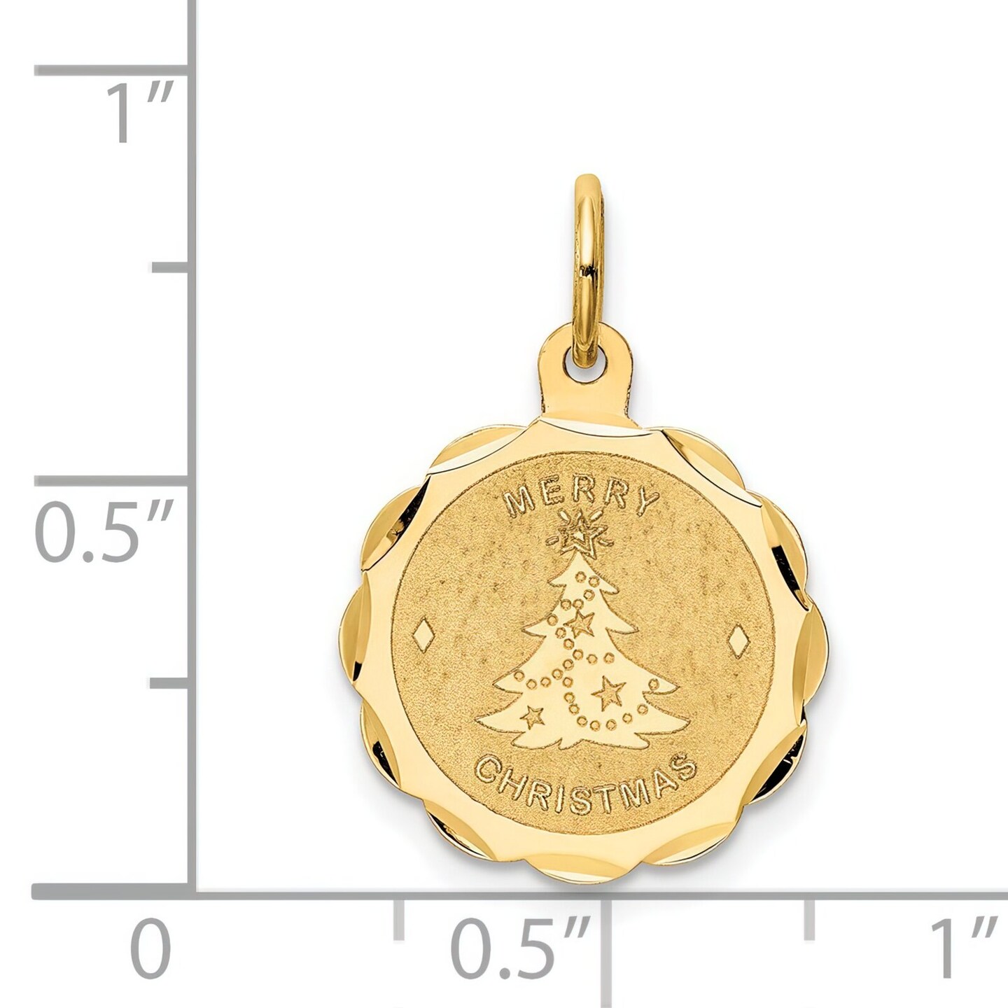14K Yellow Gold Merry Christmas Tree Disc Charm Pendant Jewerly 21mm x 15mm