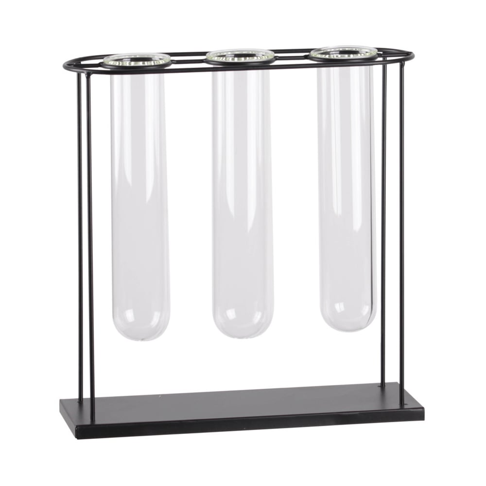 Urban Trends Collection Metal Clustered Hanging Bud Vase Holder with 3 Large Glass Tube Vases on Flat Base Coated Finish Black