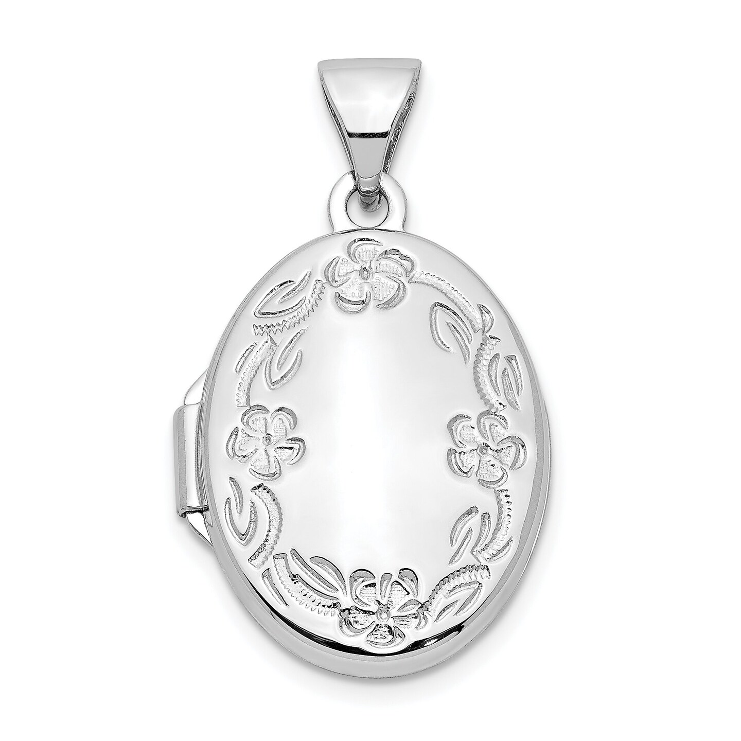 14K White Gold 17mm Oval Leaf Floral Hand Engraved Jewelry Pendant Charm Locket