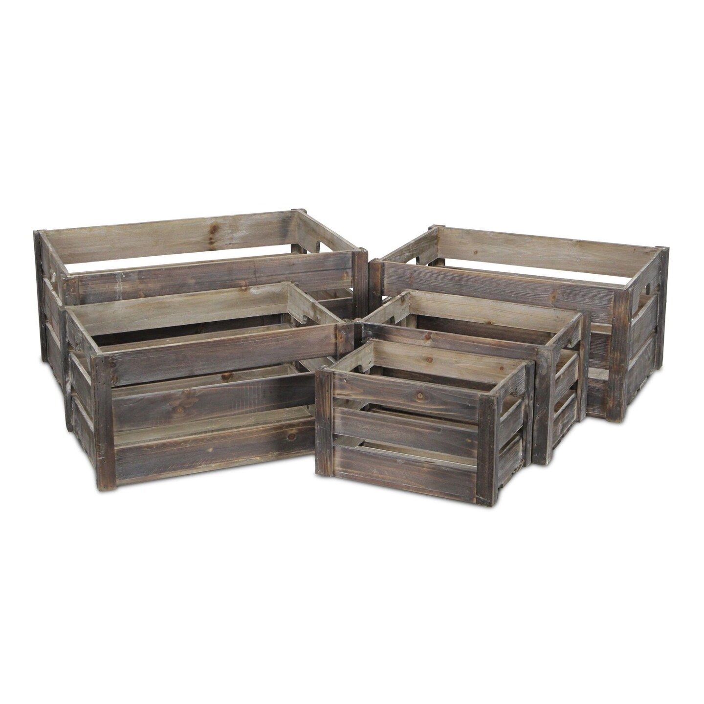 Contemporary Home Living Set of 5 Brown Solid Nested Slat Crates with Side Handles 20&#x22;