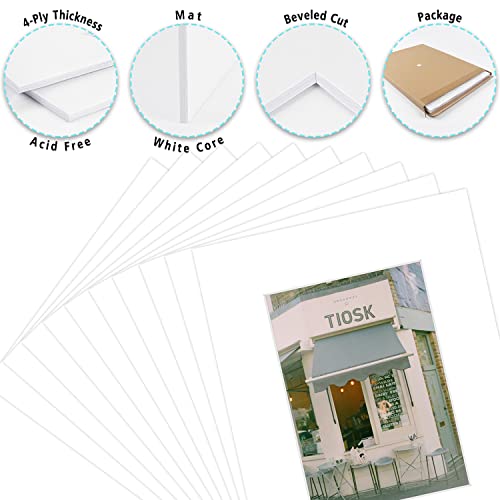 Art Pack of 10, Acid-Free White Pre-Cut 8x10 Picture Mat for 5x7 Photo with White Core Bevel Cut Frame Mattes