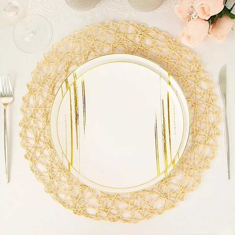 6 Beige 15&#x22; wide Round Metallic String Placemats
