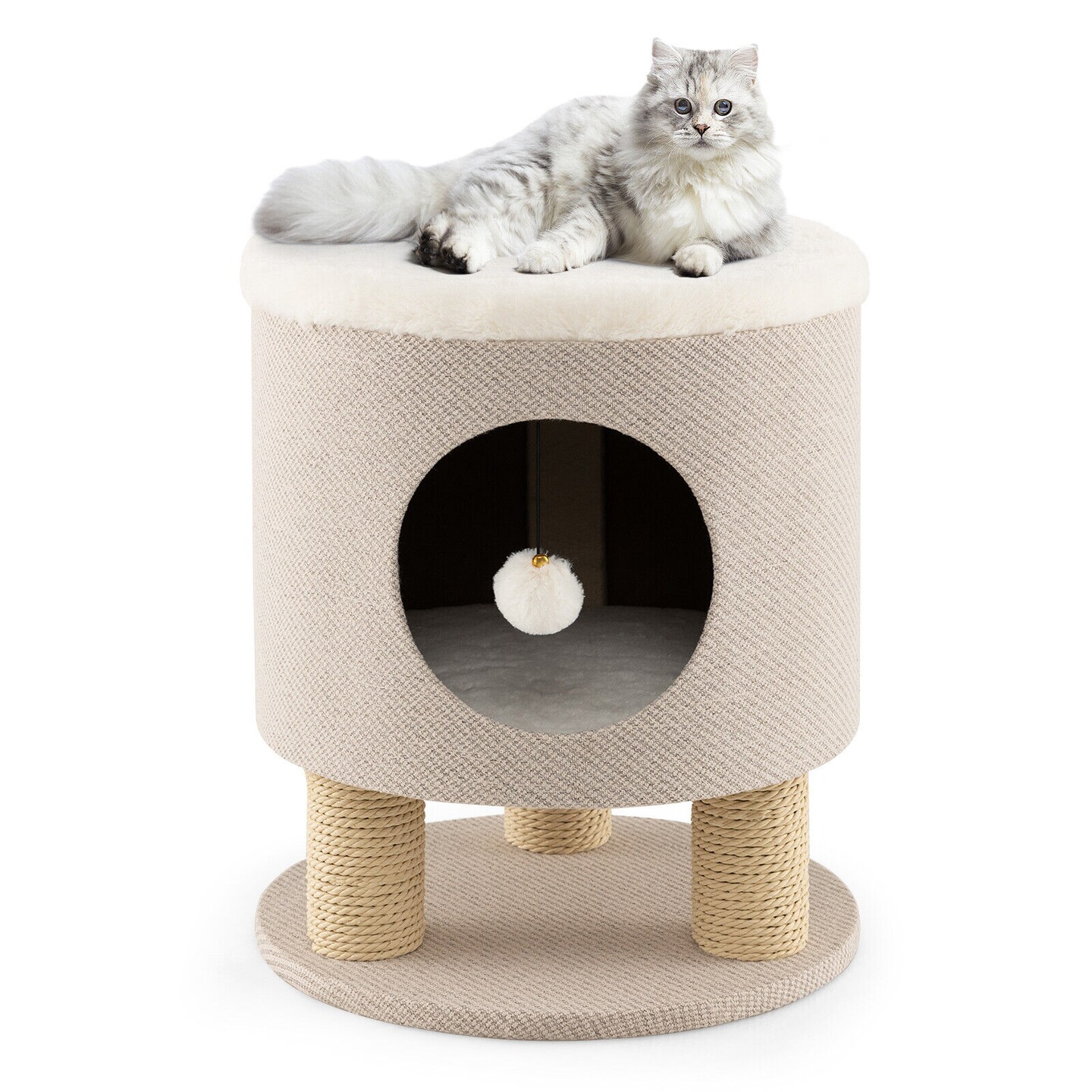3-in-1 Cat Condo Stool with Scratching Posts and Seat Cushion Hidden Pet Bed Ottoman