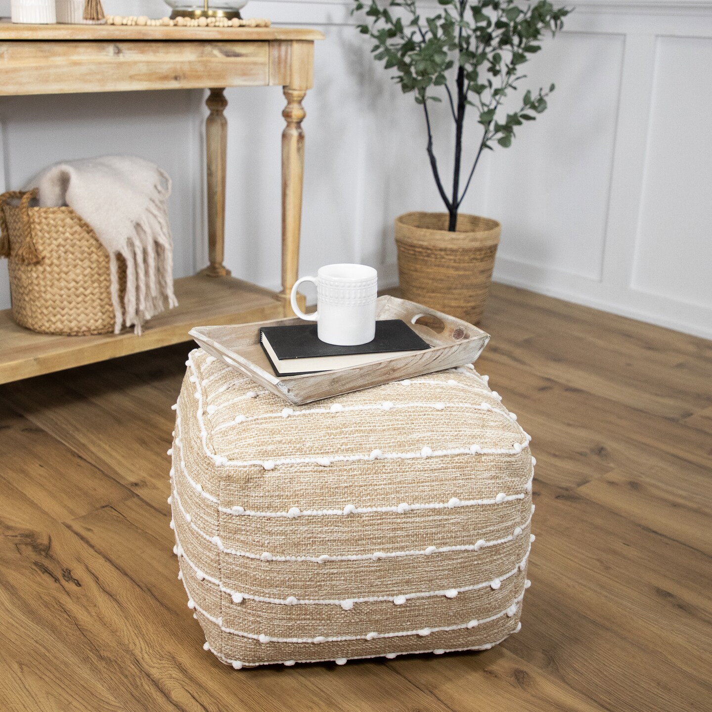 Northlight Woven Cotton Textured Stripe Square Pouf - 14" - Beige