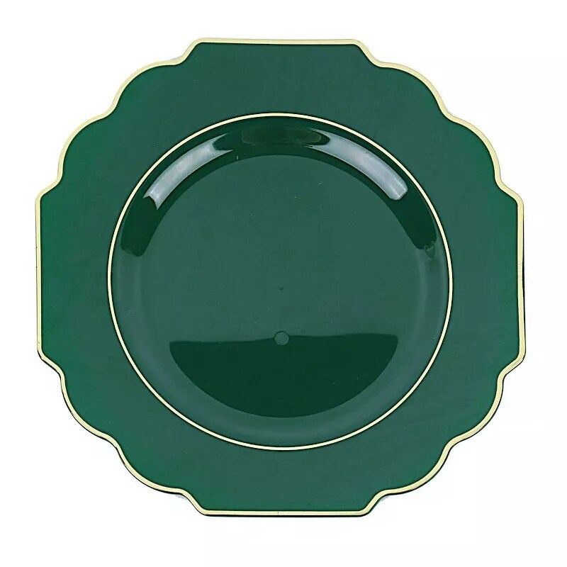 10 HUNTER GREEN 12&#x22; Baroque PLASTIC DINNER PLATES with Gold Rim