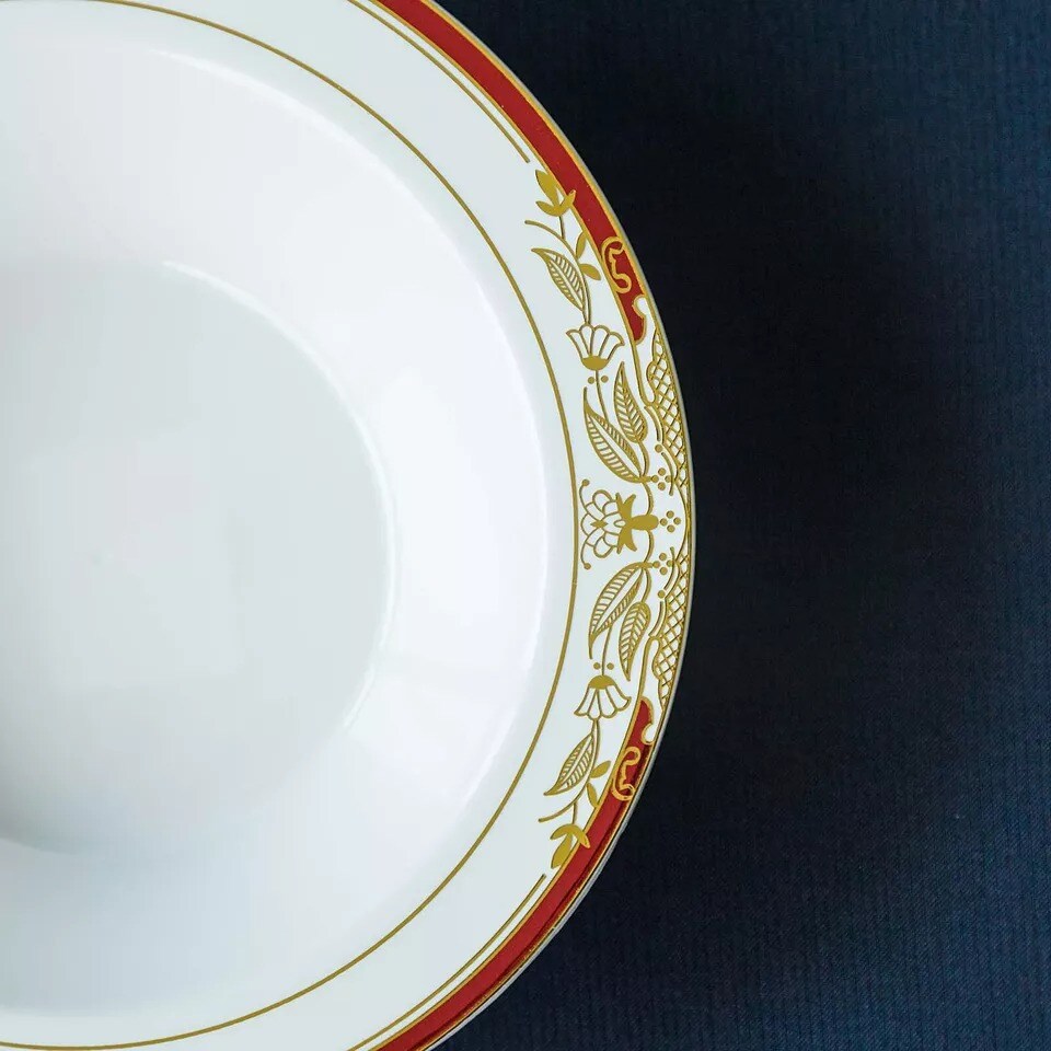 10 pcs White Plastic 12 oz Bowls Gold Red Trim