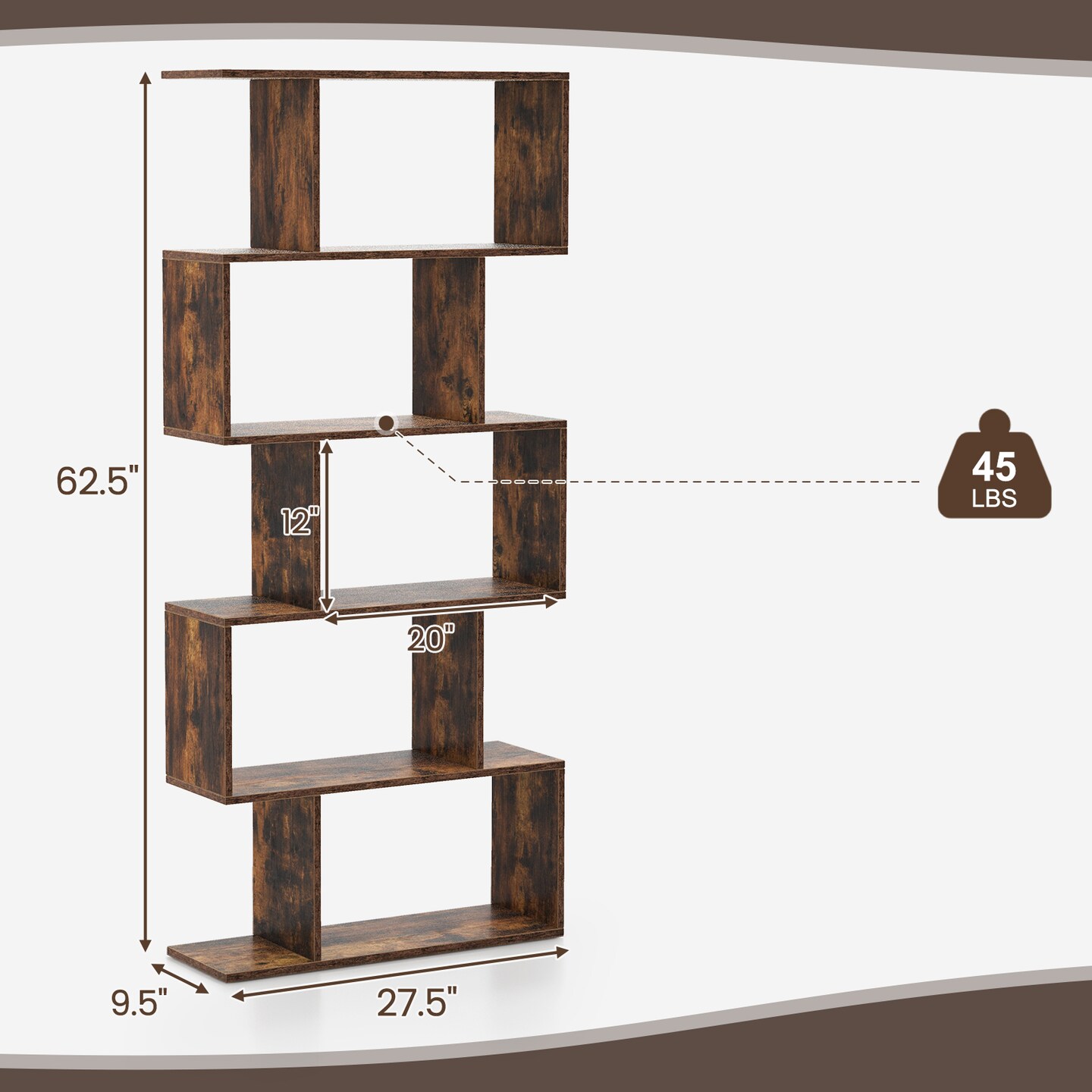 5-tier Bookshelf With Anti-toppling Device For Living Room Home Office