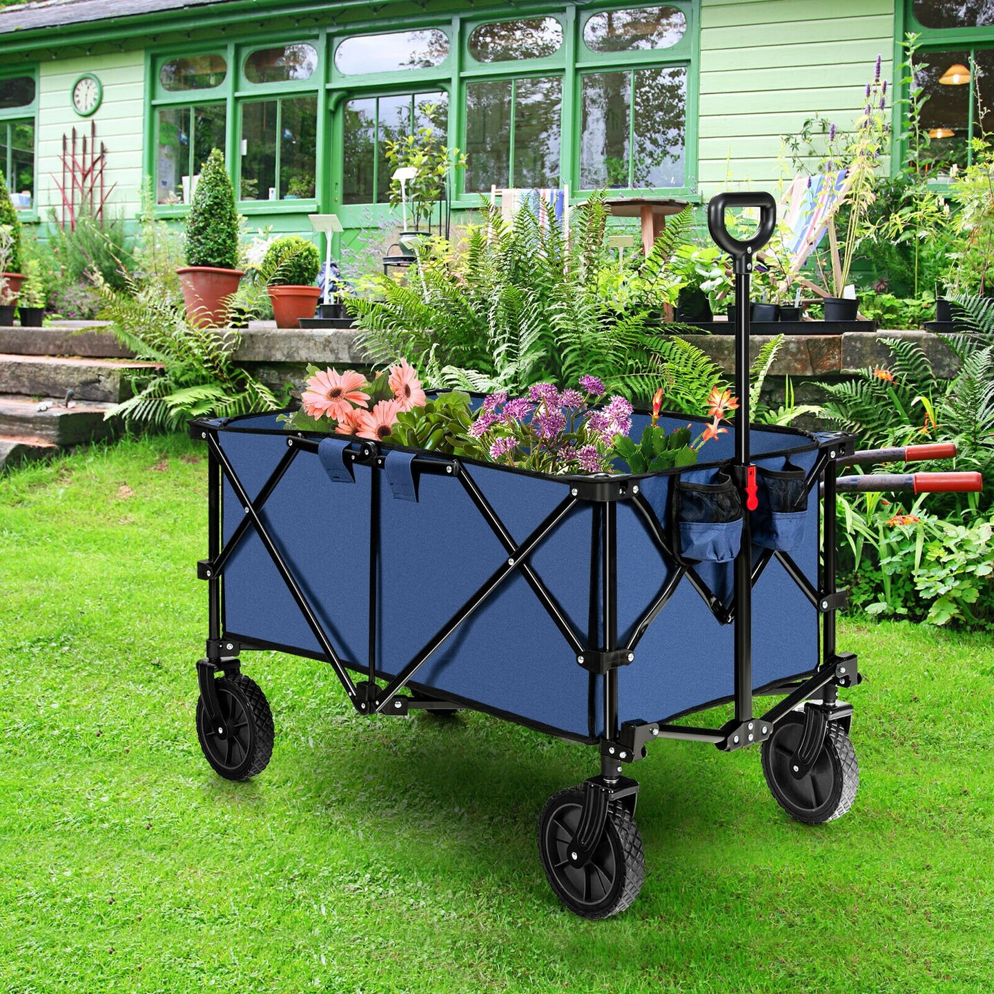 Outdoor Folding Utility Wagon Cart with Adjustable Handle and Cup Holder for All-Terrain Wheels