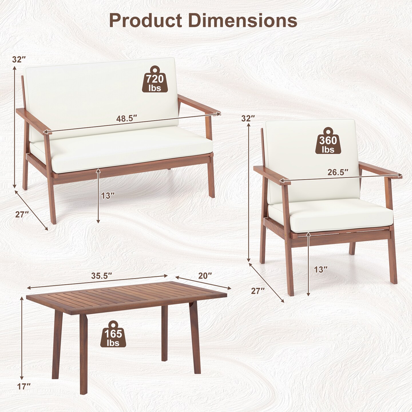 4 Piece Outdoor Acacia Wood Conversation Set With Soft Seat And Back Cushions
