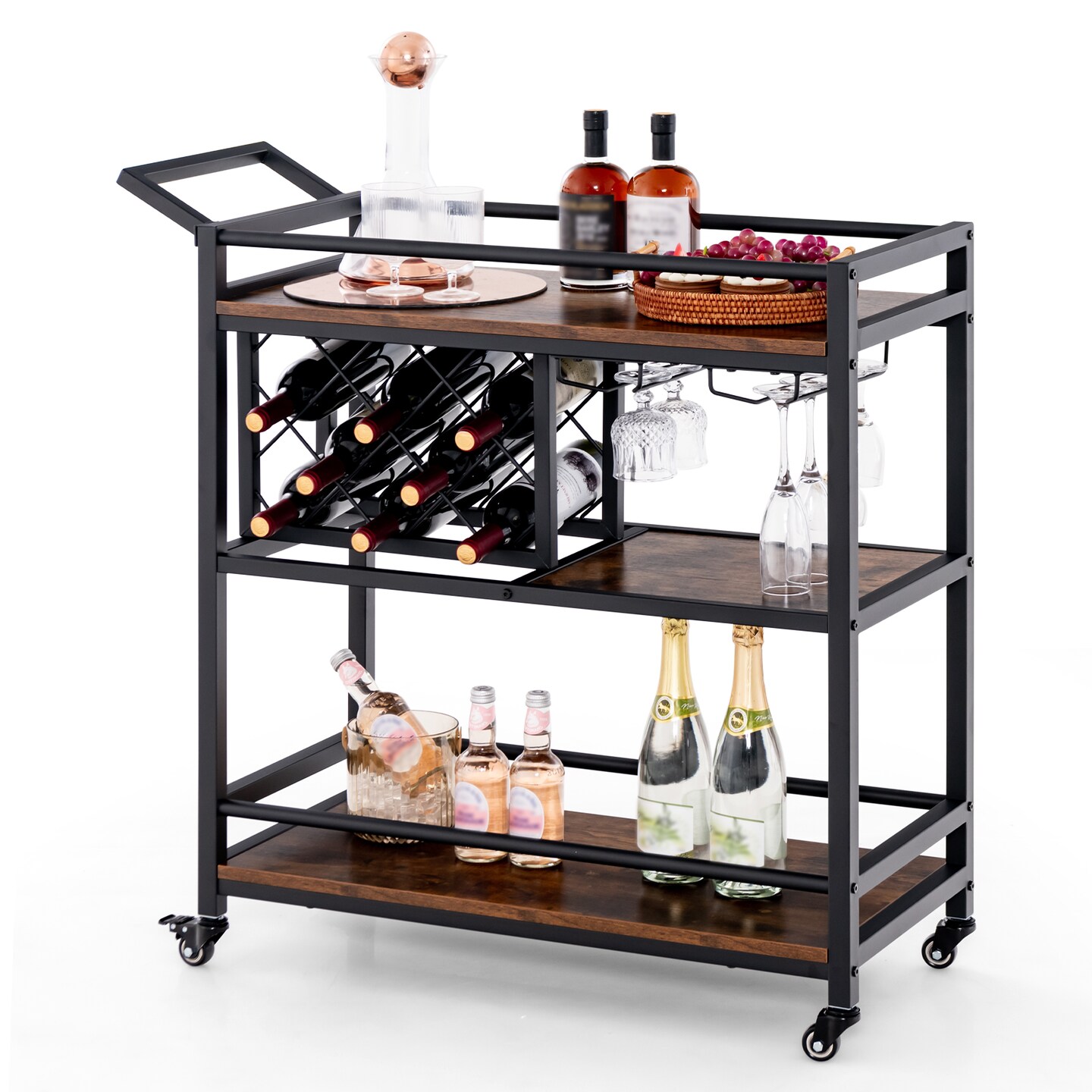 3-tier Bar Cart on Wheels Home Kitchen Serving Cart with Wine Rack and Glasses Holder - 41" x 14" x 37"