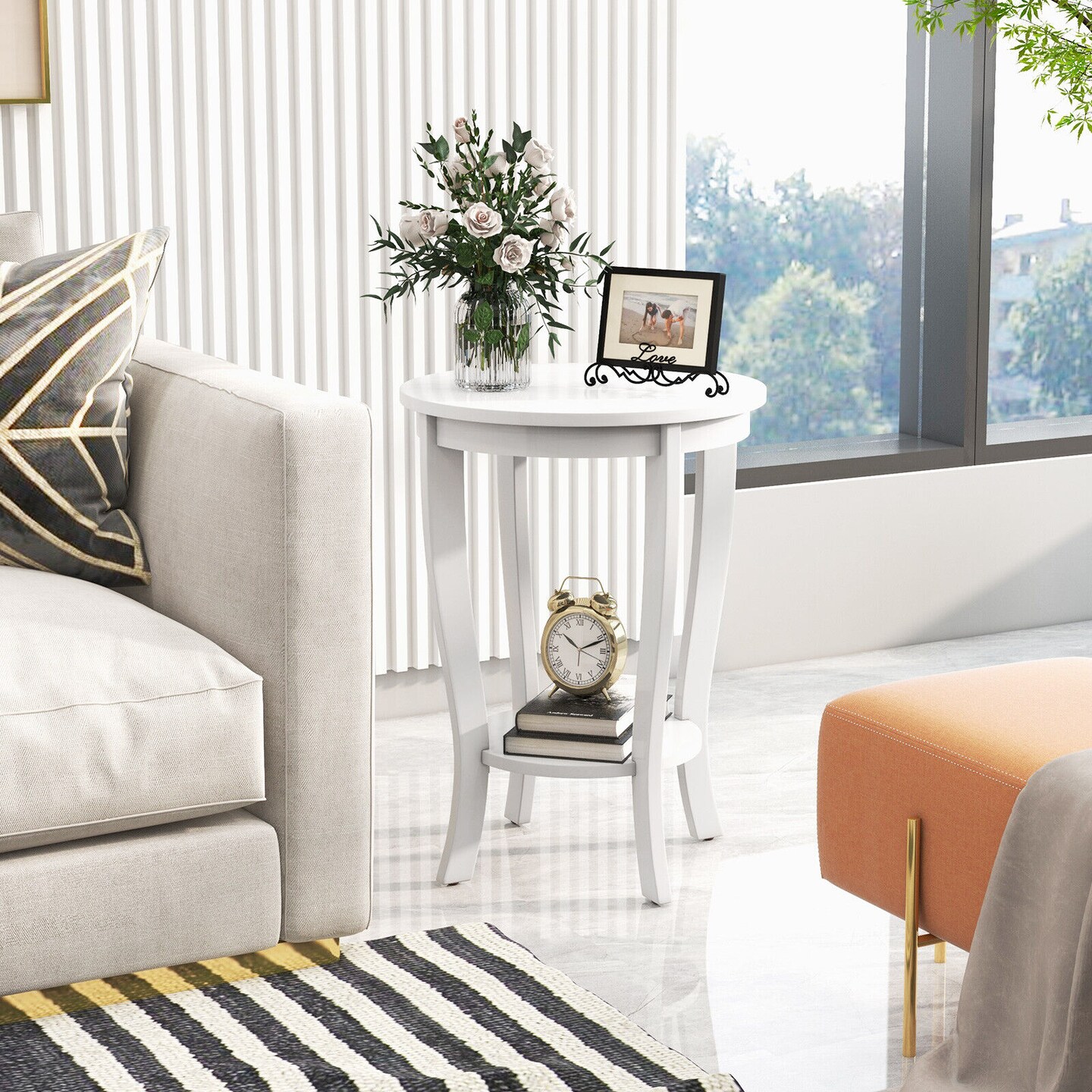 2-tier Round End Table With Solid Wood Legs
