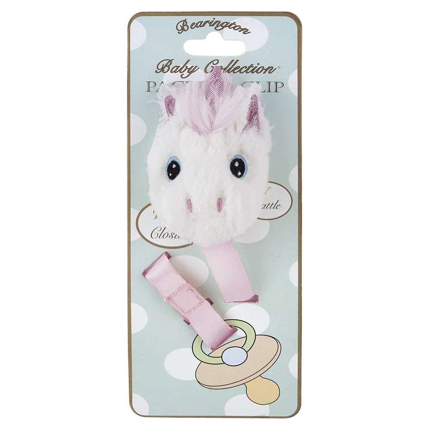 Bearington Baby Dreamer Plush Unicorn Pacifier Holder with Pink Satin Leash and Clip