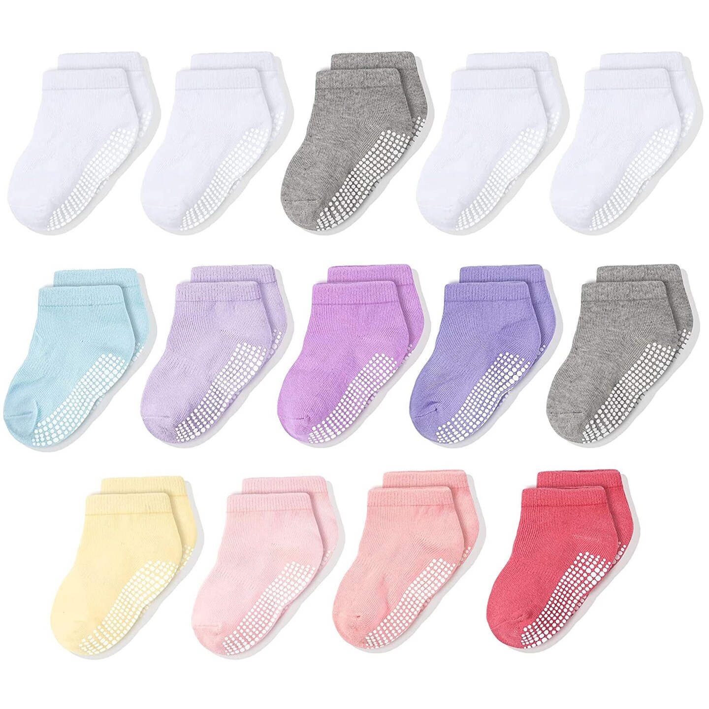 CozyWay 14-Pack Non-Slip Kids Ankle Socks with Grippers, Low Cut Socks for Toddler Girls, Ages 5-7, Comfortable Fit, Stays in Place, Suitable for Active Play and Everyday Use, Pastel Colors